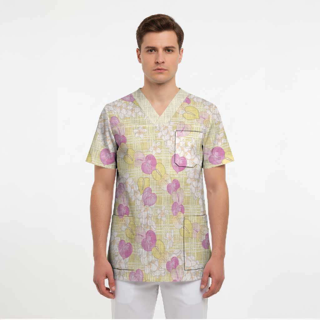 Anthurium Plumeria Lei Pastel Scrub Top Yellow Hawaiian Splendid Palaka LT01 - Polynesian Pride
