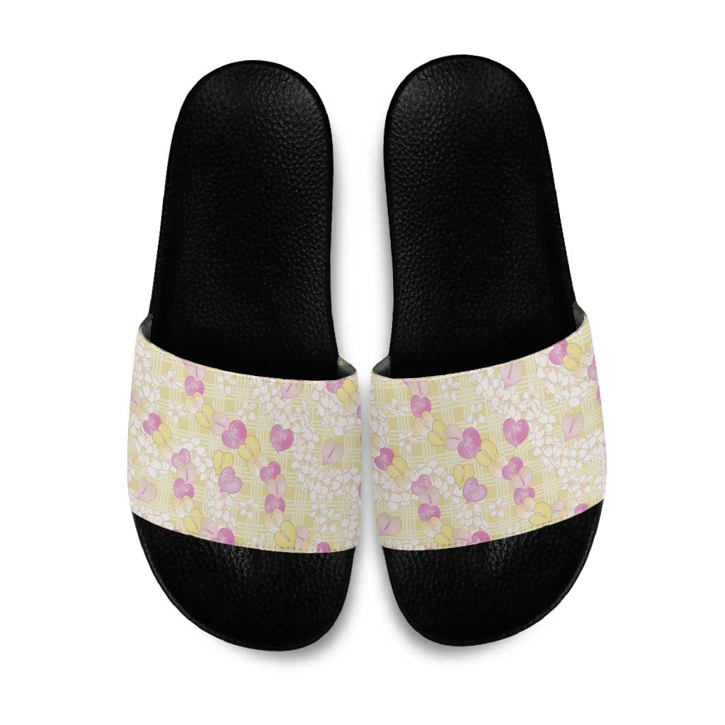 Anthurium Plumeria Lei Pastel Slide Sandals Yellow Hawaiian Splendid Palaka LT01 Yellow - Polynesian Pride