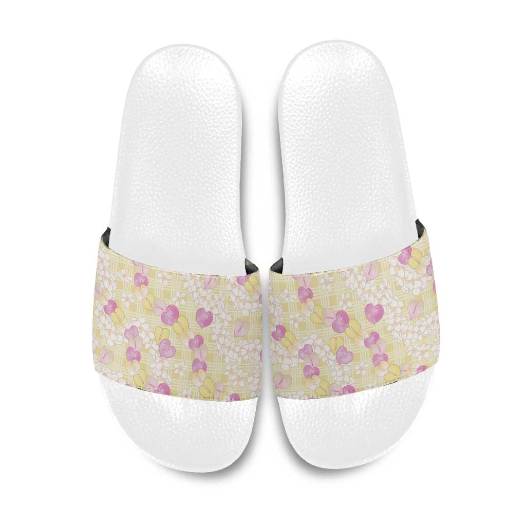 Anthurium Plumeria Lei Pastel Slide Sandals Yellow Hawaiian Splendid Palaka LT01 Yellow - Polynesian Pride