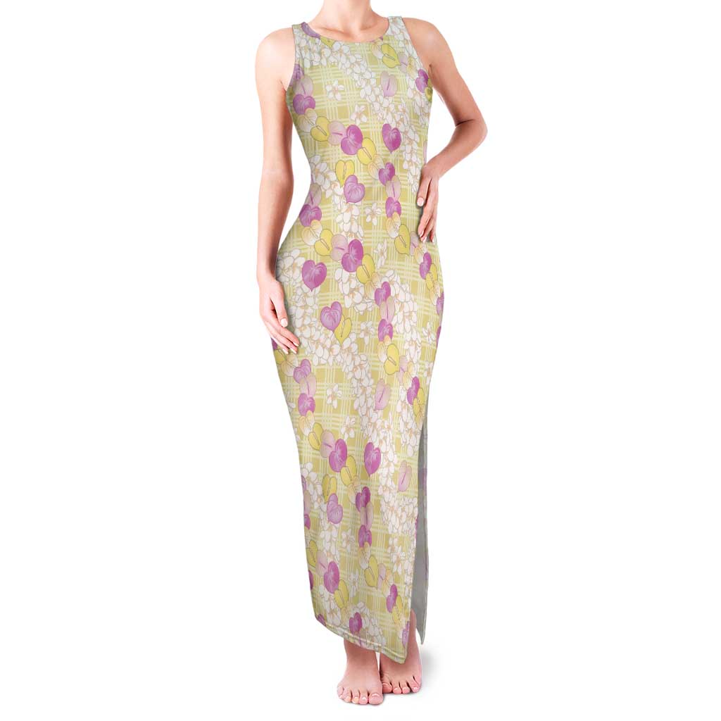Anthurium Plumeria Lei Pastel Tank Maxi Dress Yellow Hawaiian Splendid Palaka LT01 Women Yellow - Polynesian Pride