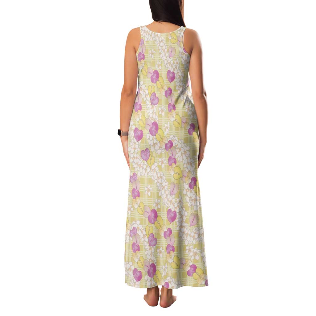 Anthurium Plumeria Lei Pastel Tank Maxi Dress Yellow Hawaiian Splendid Palaka LT01 - Polynesian Pride