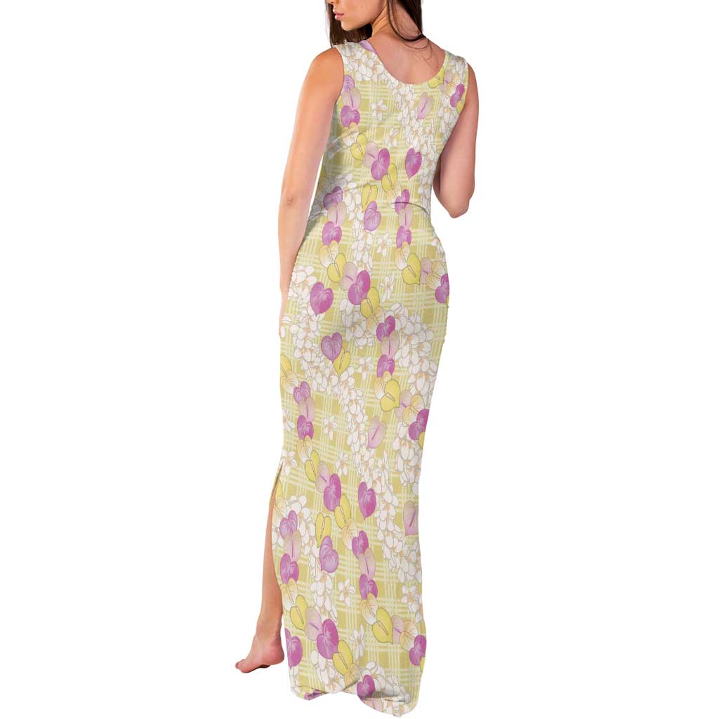 Anthurium Plumeria Lei Pastel Tank Maxi Dress Yellow Hawaiian Splendid Palaka LT01 - Polynesian Pride
