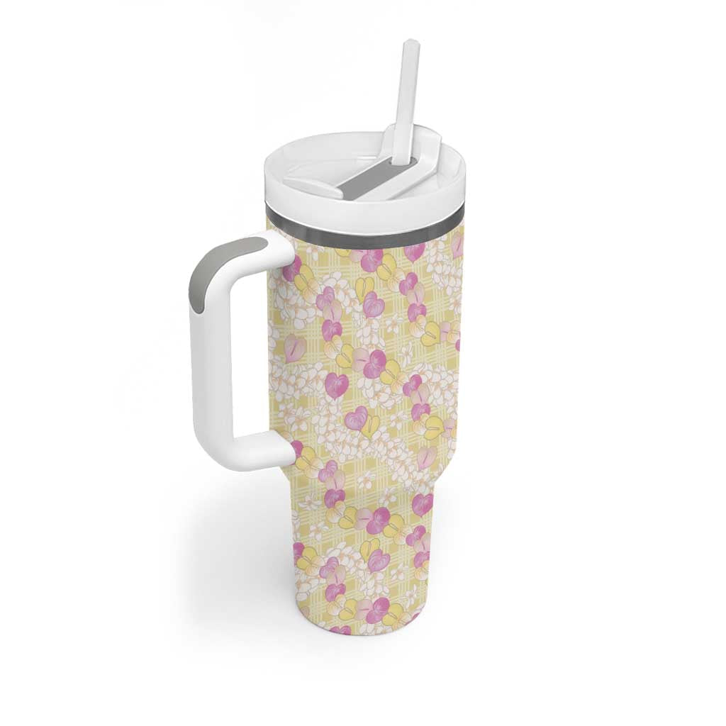 Anthurium Plumeria Lei Pastel Tumbler With Handle Yellow Hawaiian Splendid Palaka LT01 - Polynesian Pride
