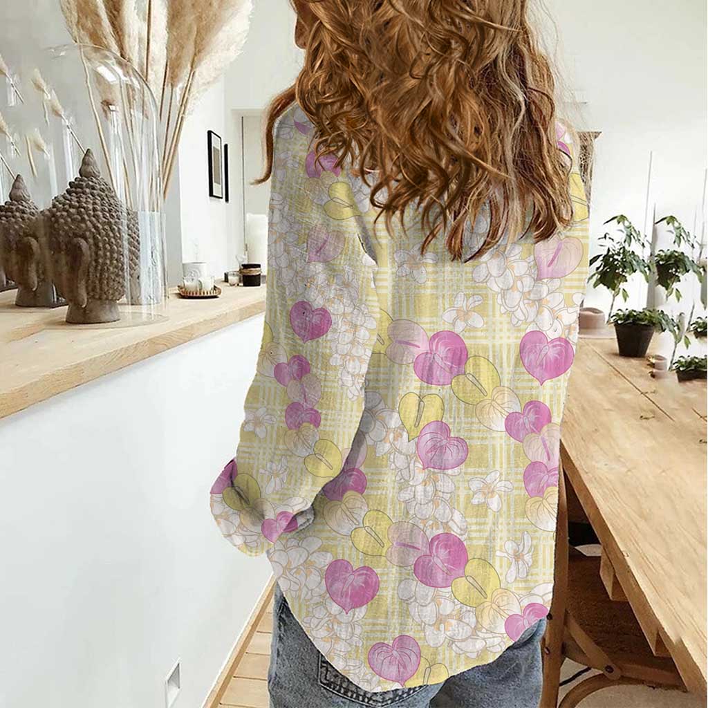 Anthurium Plumeria Lei Pastel Women Casual Shirt Yellow Hawaiian Splendid Palaka LT01 - Polynesian Pride