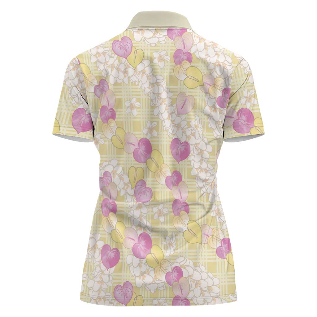 Anthurium Plumeria Lei Pastel Women Polo Shirt Yellow Hawaiian Splendid Palaka LT01 - Polynesian Pride