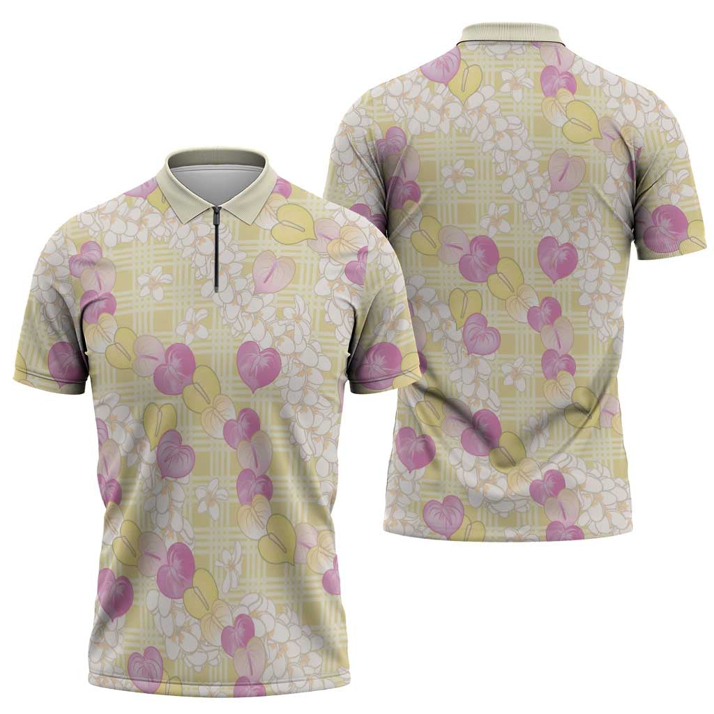 Anthurium Plumeria Lei Pastel Zipper Polo Shirt Yellow Hawaiian Splendid Palaka LT01 - Polynesian Pride