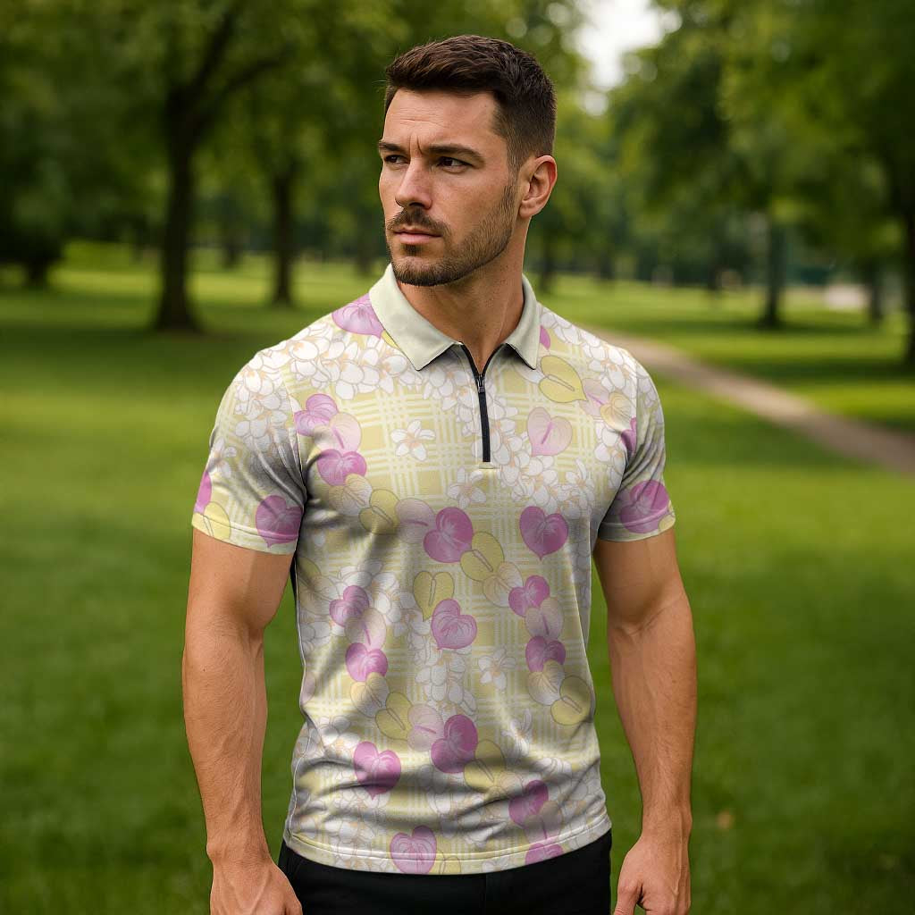 Anthurium Plumeria Lei Pastel Zipper Polo Shirt Yellow Hawaiian Splendid Palaka LT01 - Polynesian Pride
