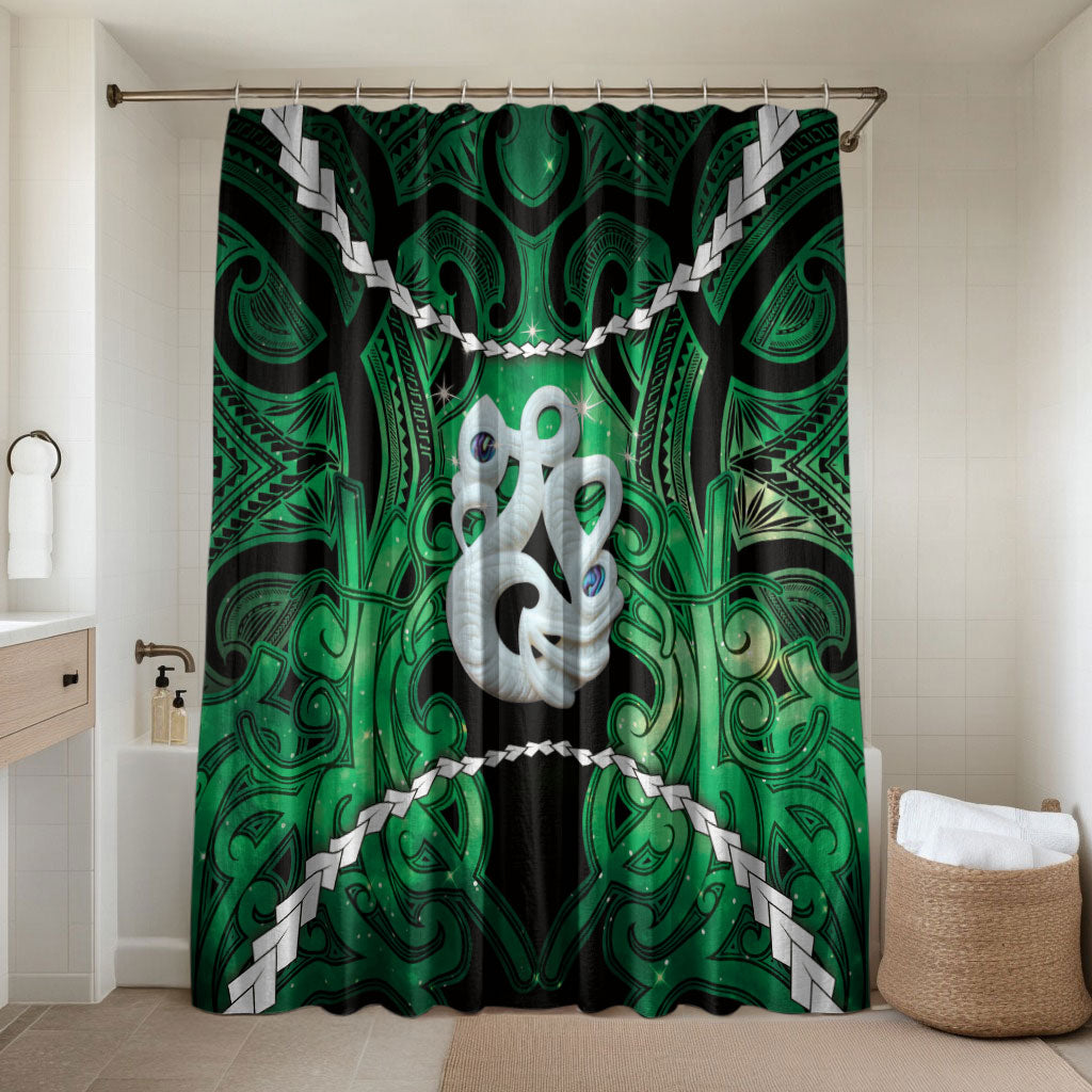 Maori Matariki Manaia Kakariki Bathroom Set Maori Kowhaiwhai Pattern Galaxy LT01 Shower Curtain Only Green - Polynesian Pride