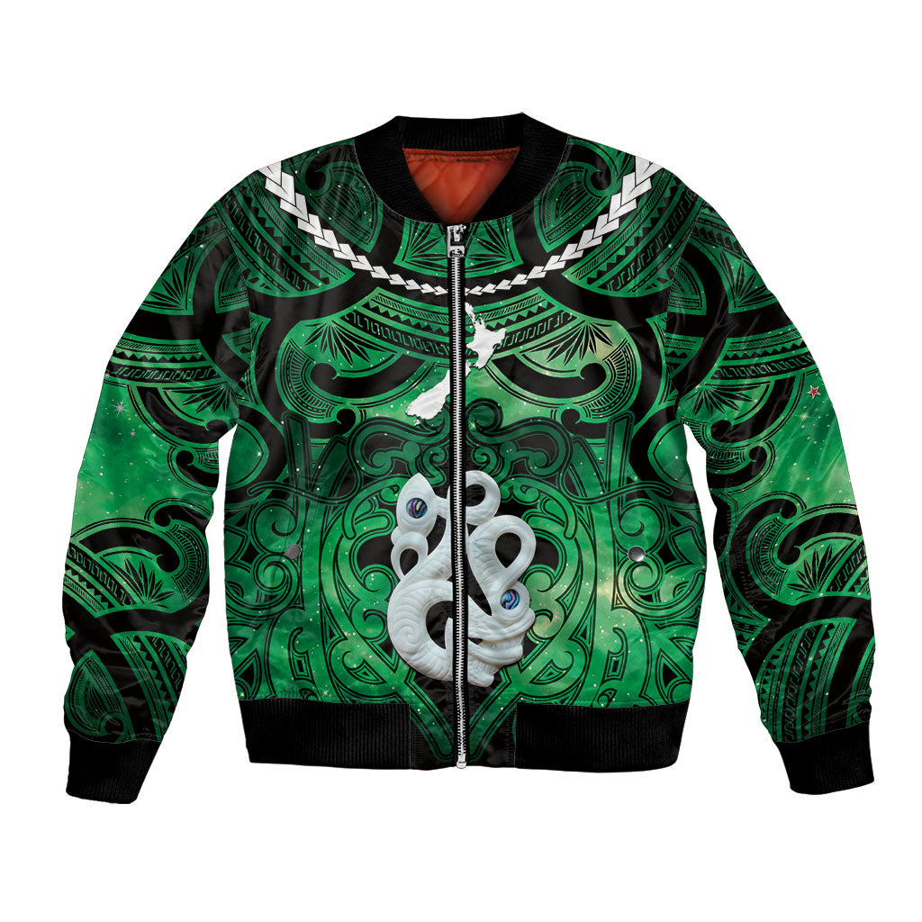 Personalised Maori Matariki Manaia Kakariki Bomber Jacket Maori Kowhaiwhai Pattern Galaxy LT01 Unisex Green - Polynesian Pride