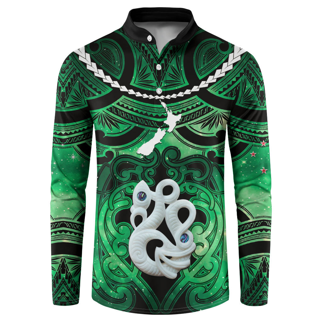 Personalised Maori Matariki Manaia Kakariki Button Sweatshirt Maori Kowhaiwhai Pattern Galaxy LT01 Green - Polynesian Pride