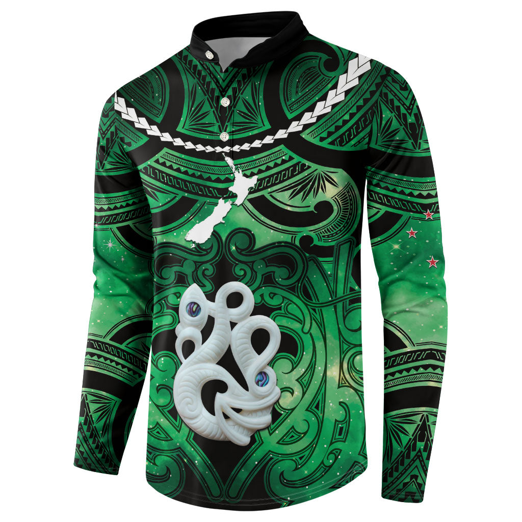 Personalised Maori Matariki Manaia Kakariki Button Sweatshirt Maori Kowhaiwhai Pattern Galaxy LT01 - Polynesian Pride