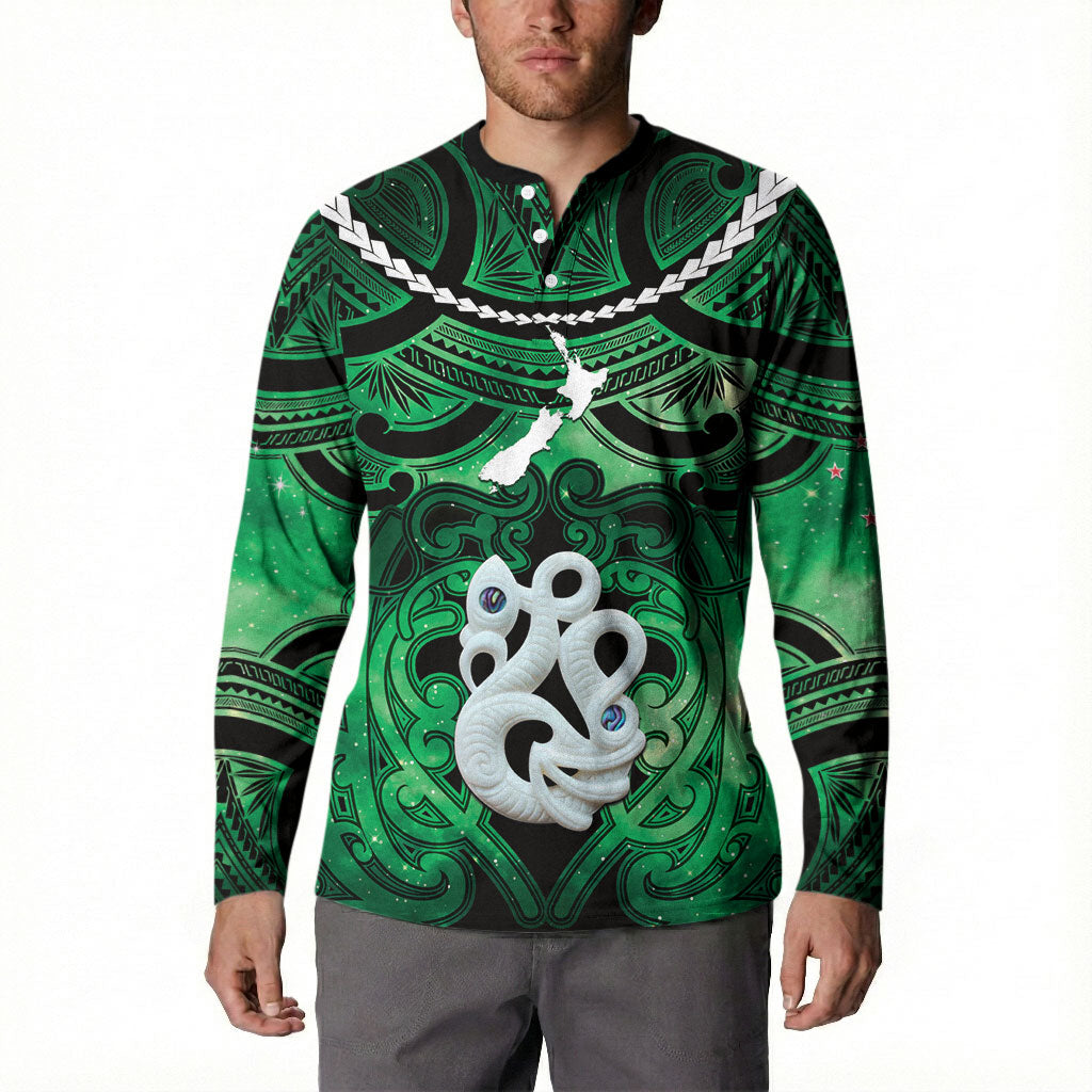 Personalised Maori Matariki Manaia Kakariki Button Sweatshirt Maori Kowhaiwhai Pattern Galaxy LT01 - Polynesian Pride