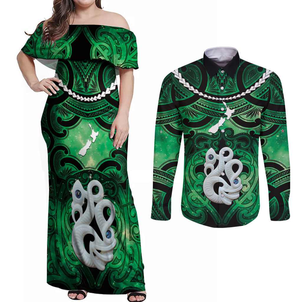 Personalised Maori Matariki Manaia Kakariki Couples Matching Off Shoulder Maxi Dress and Long Sleeve Button Shirt Maori Kowhaiwhai Pattern Galaxy LT01 Green - Polynesian Pride