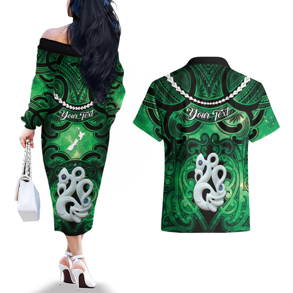 Personalised Maori Matariki Manaia Kakariki Couples Matching Off The Shoulder Long Sleeve Dress and Hawaiian Shirt Maori Kowhaiwhai Pattern Galaxy