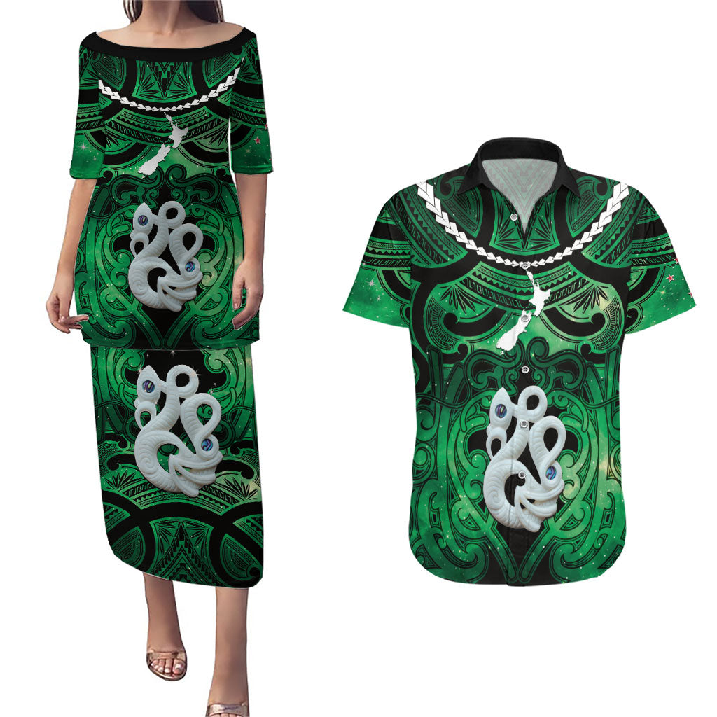 Personalised Maori Matariki Manaia Kakariki Couples Matching Puletasi and Hawaiian Shirt Maori Kowhaiwhai Pattern Galaxy LT01 Green - Polynesian Pride