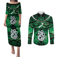 Personalised Maori Matariki Manaia Kakariki Couples Matching Puletasi and Long Sleeve Button Shirt Maori Kowhaiwhai Pattern Galaxy LT01 Green - Polynesian Pride