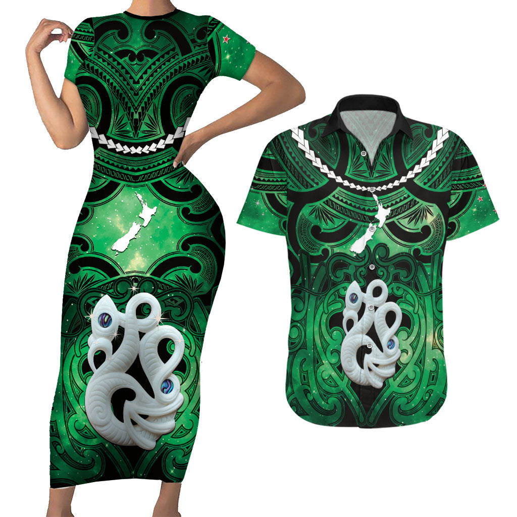 Personalised Maori Matariki Manaia Kakariki Couples Matching Short Sleeve Bodycon Dress and Hawaiian Shirt Maori Kowhaiwhai Pattern Galaxy LT01 Green - Polynesian Pride