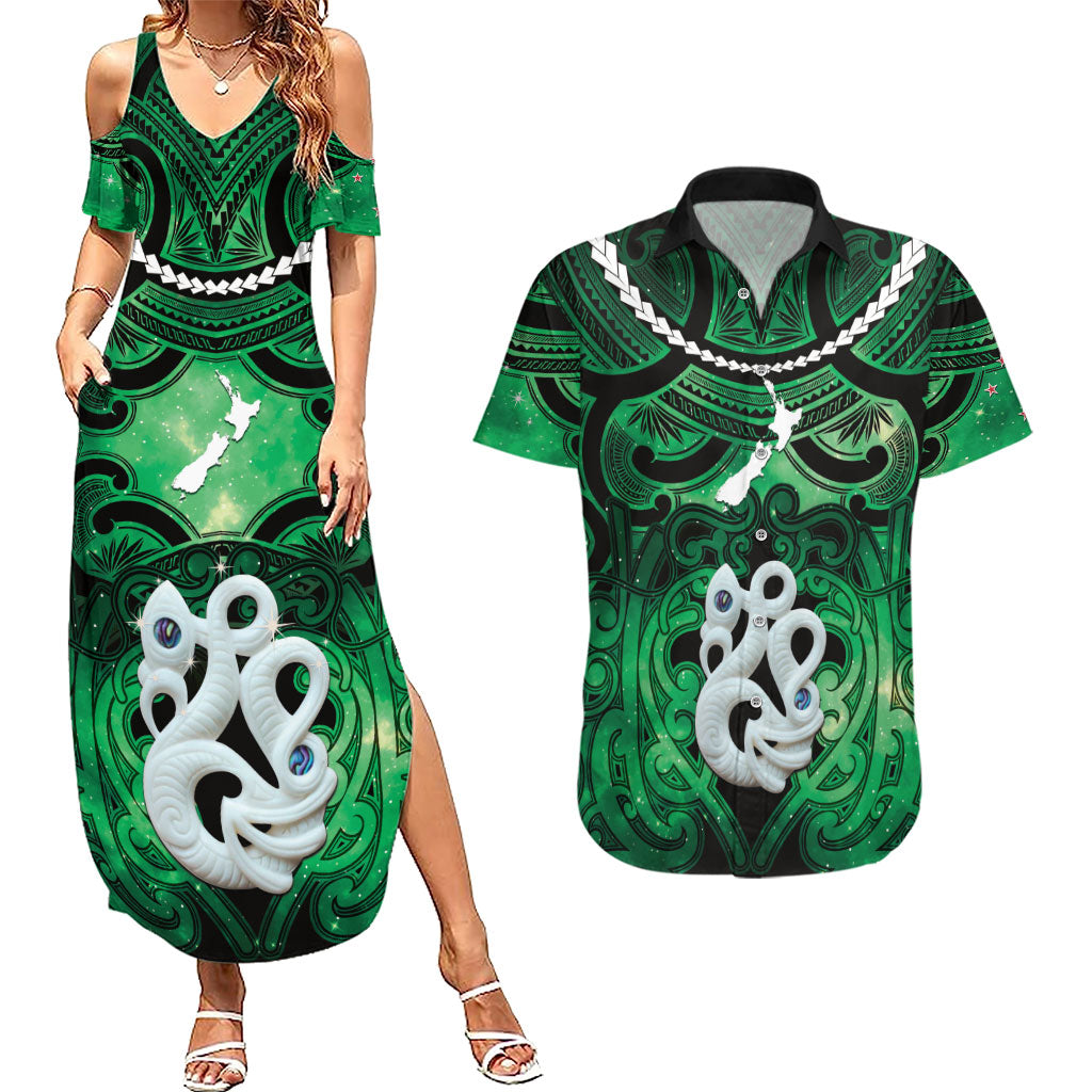 Personalised Maori Matariki Manaia Kakariki Couples Matching Summer Maxi Dress and Hawaiian Shirt Maori Kowhaiwhai Pattern Galaxy