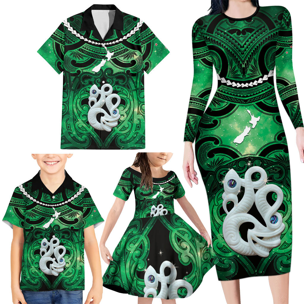 Personalised Maori Matariki Manaia Kakariki Family Matching Long Sleeve Bodycon Dress and Hawaiian Shirt Maori Kowhaiwhai Pattern Galaxy LT01 - Polynesian Pride