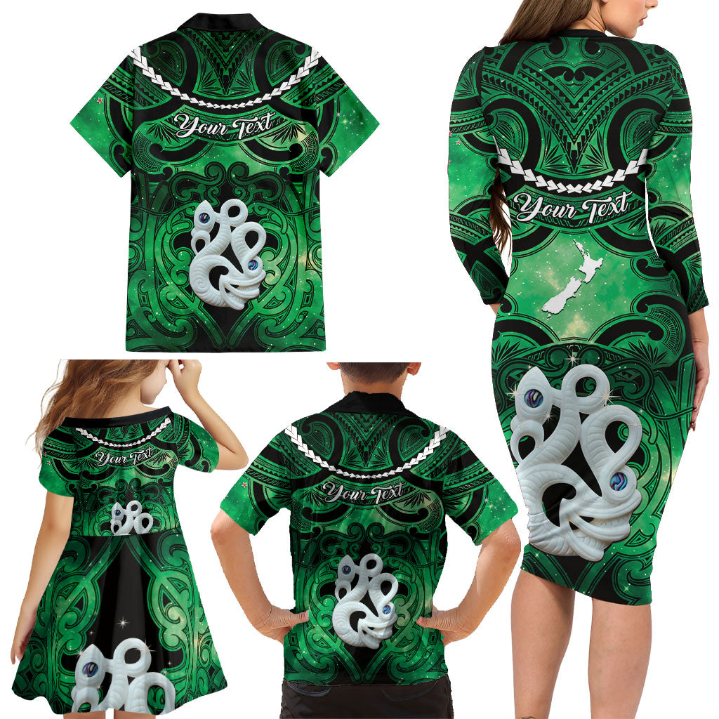 Personalised Maori Matariki Manaia Kakariki Family Matching Long Sleeve Bodycon Dress and Hawaiian Shirt Maori Kowhaiwhai Pattern Galaxy