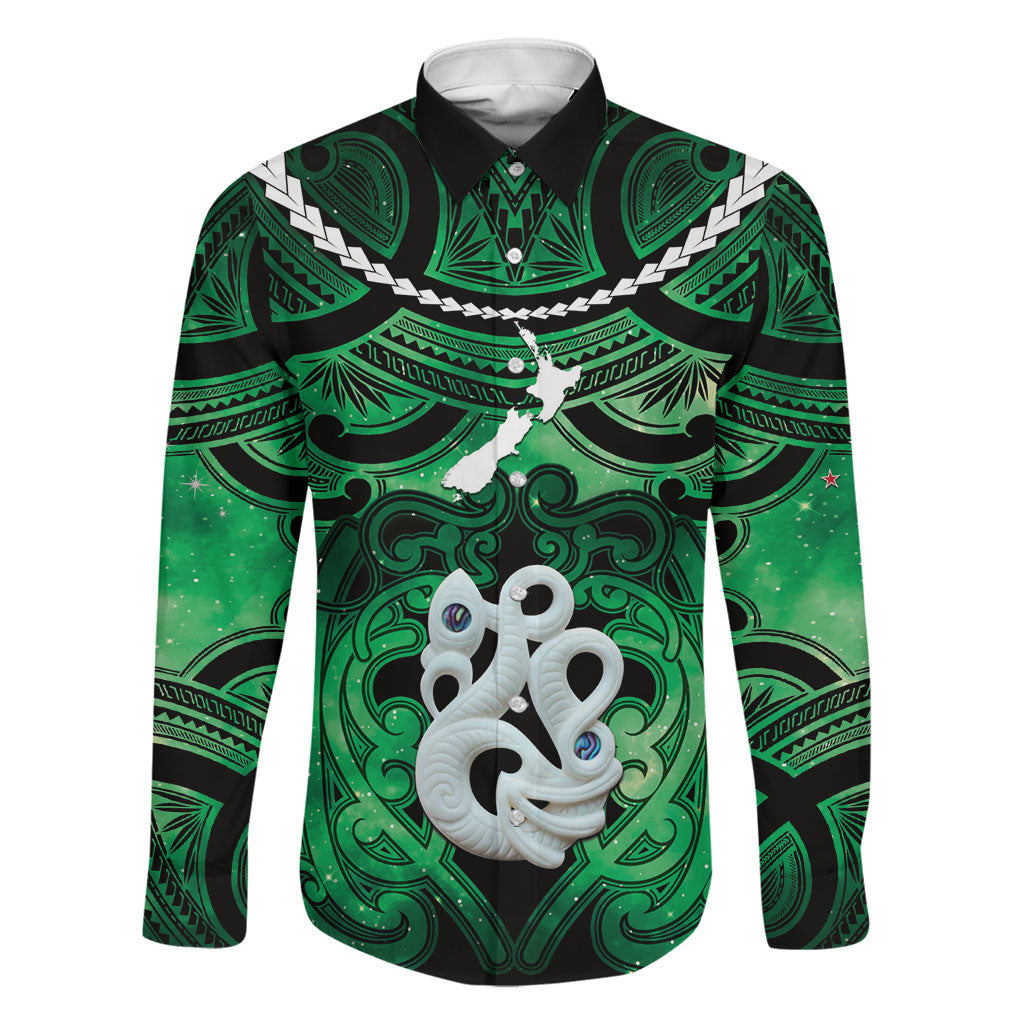 Personalised Maori Matariki Manaia Kakariki Family Matching Long Sleeve Bodycon Dress and Hawaiian Shirt Maori Kowhaiwhai Pattern Galaxy