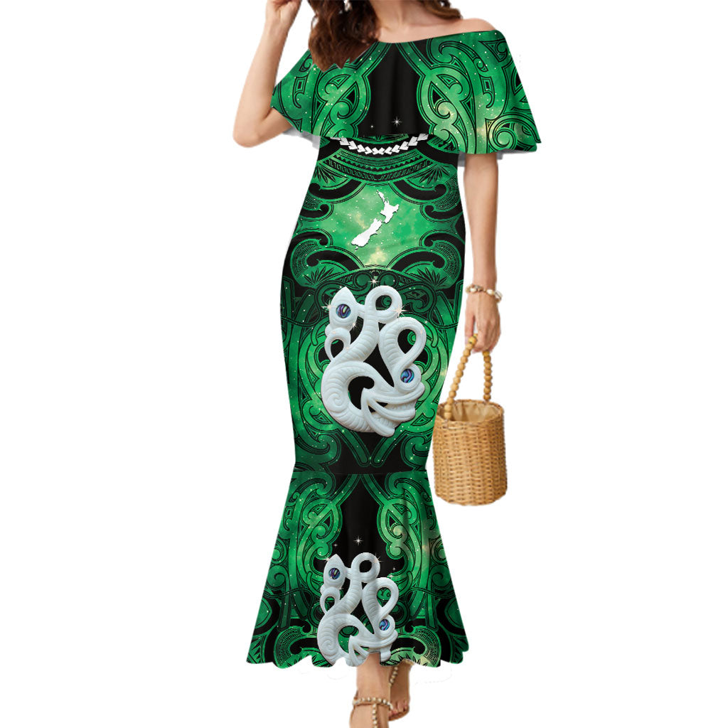 Personalised Maori Matariki Manaia Kakariki Family Matching Mermaid Dress and Hawaiian Shirt Maori Kowhaiwhai Pattern Galaxy