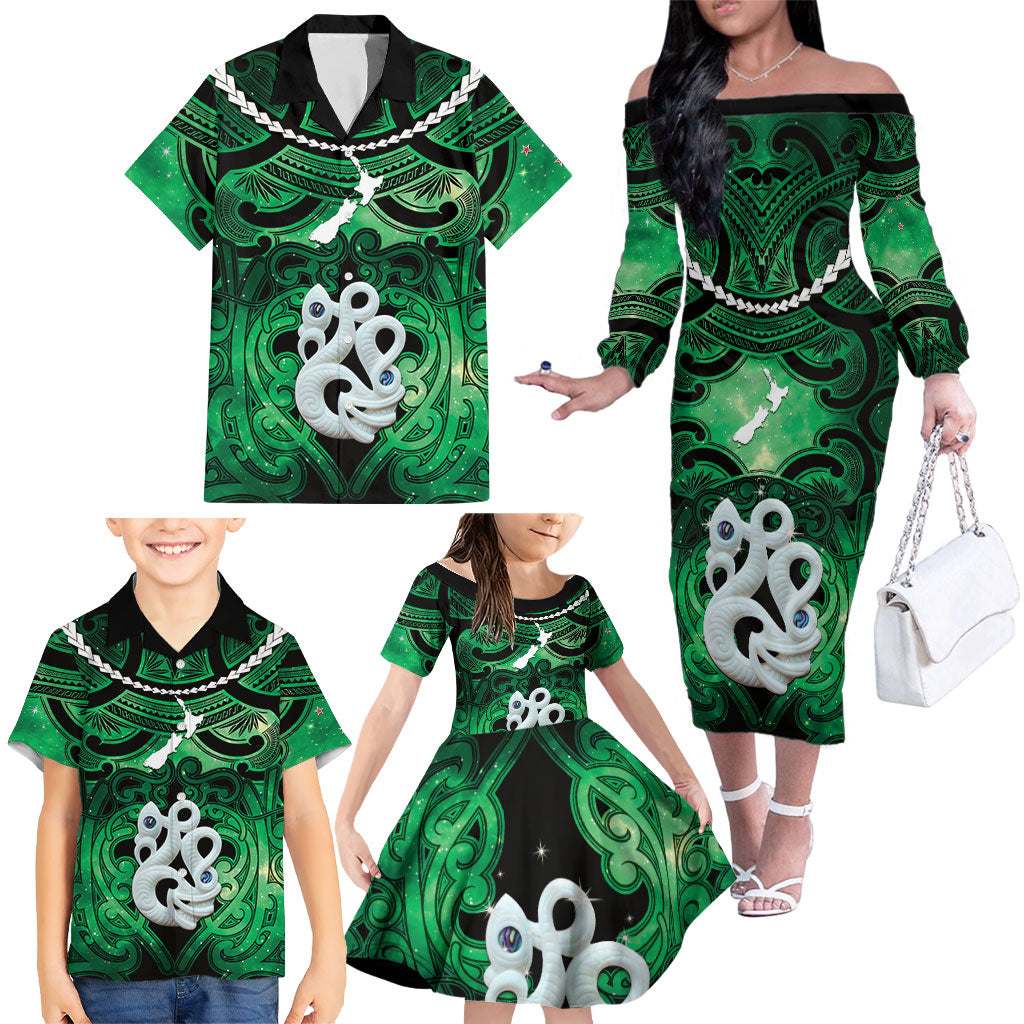 Personalised Maori Matariki Manaia Kakariki Family Matching Off The Shoulder Long Sleeve Dress and Hawaiian Shirt Maori Kowhaiwhai Pattern Galaxy LT01 - Polynesian Pride