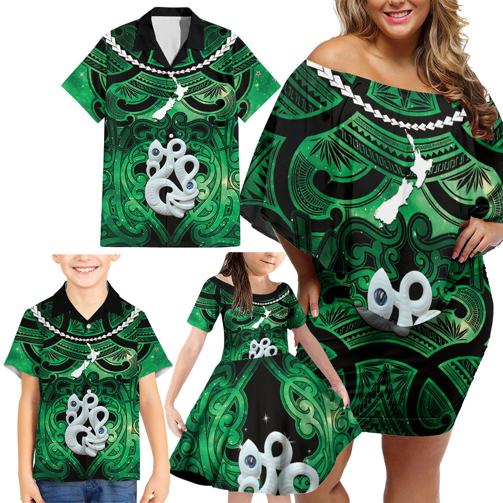 Personalised Maori Matariki Manaia Kakariki Family Matching Off Shoulder Short Dress and Hawaiian Shirt Maori Kowhaiwhai Pattern Galaxy LT01 - Polynesian Pride