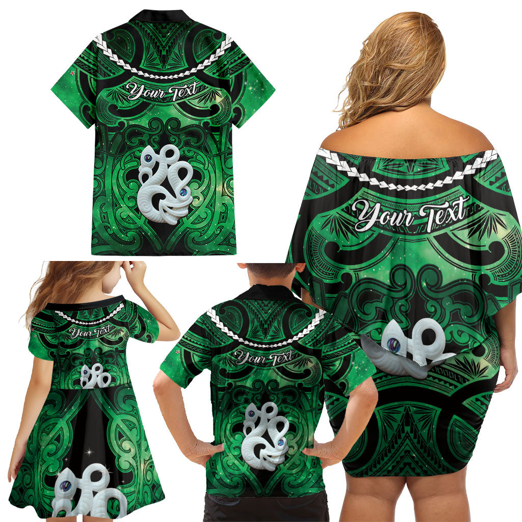 Personalised Maori Matariki Manaia Kakariki Family Matching Off Shoulder Short Dress and Hawaiian Shirt Maori Kowhaiwhai Pattern Galaxy