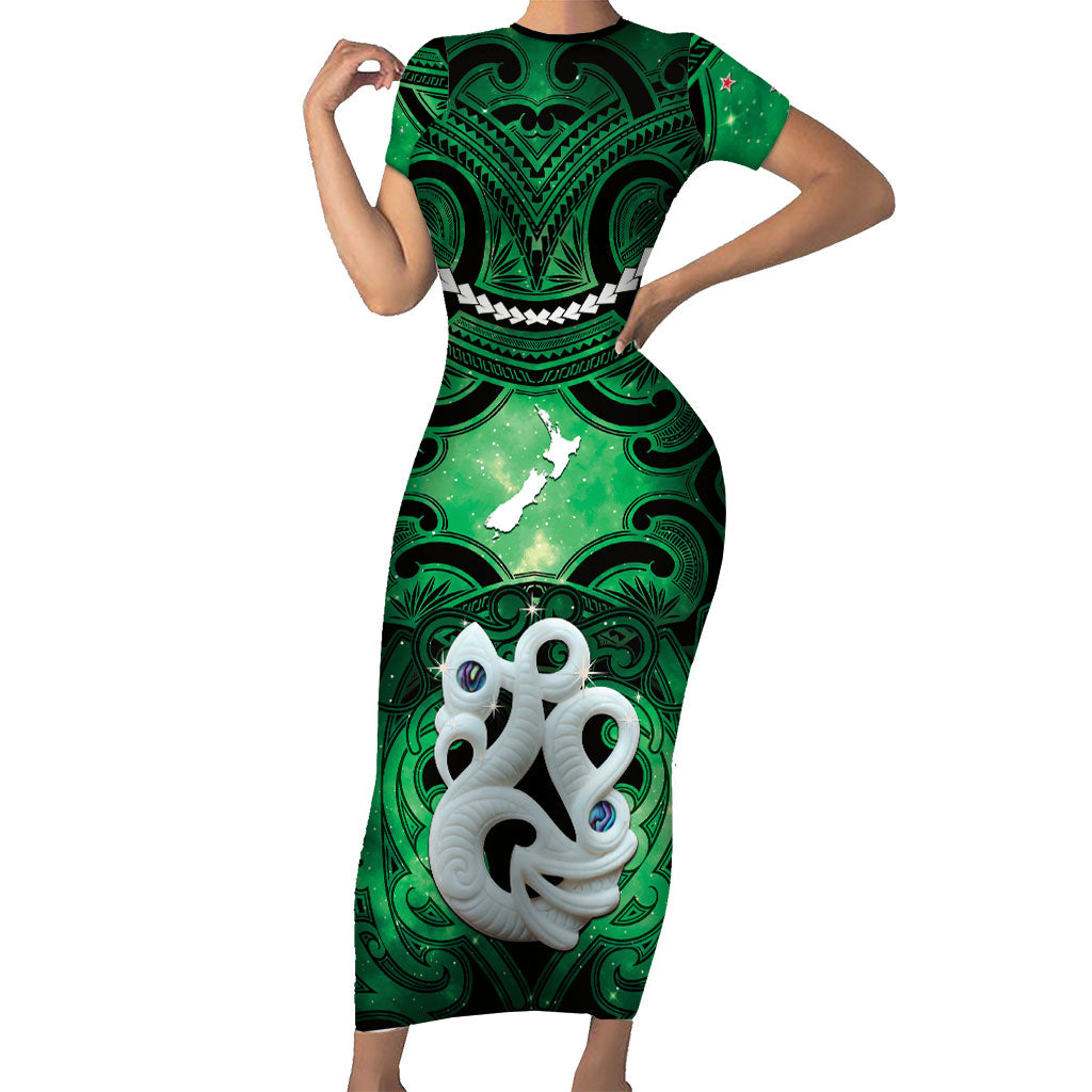Personalised Maori Matariki Manaia Kakariki Family Matching Short Sleeve Bodycon Dress and Hawaiian Shirt Maori Kowhaiwhai Pattern Galaxy