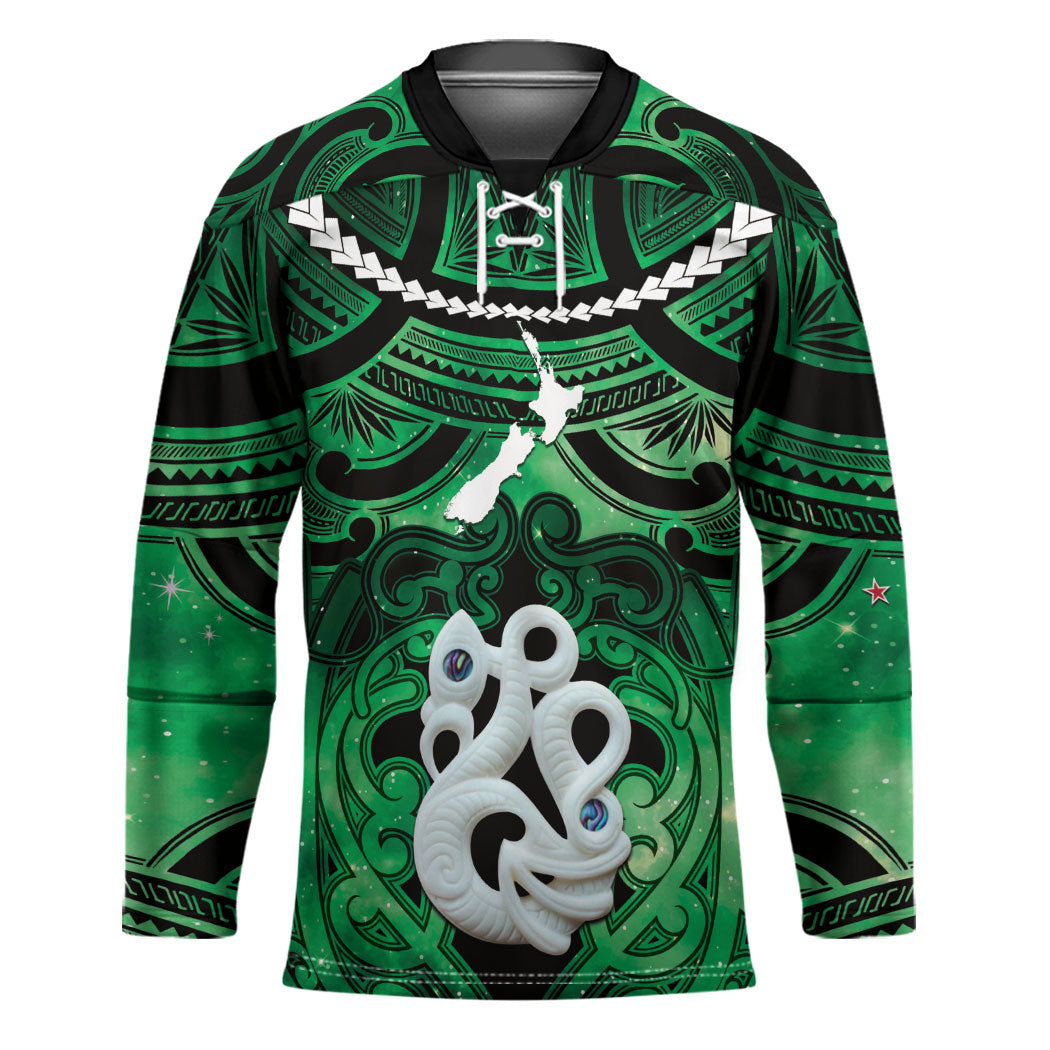 Personalised Maori Matariki Manaia Kakariki Hockey Jersey Maori Kowhaiwhai Pattern Galaxy LT01 Unisex Green - Polynesian Pride