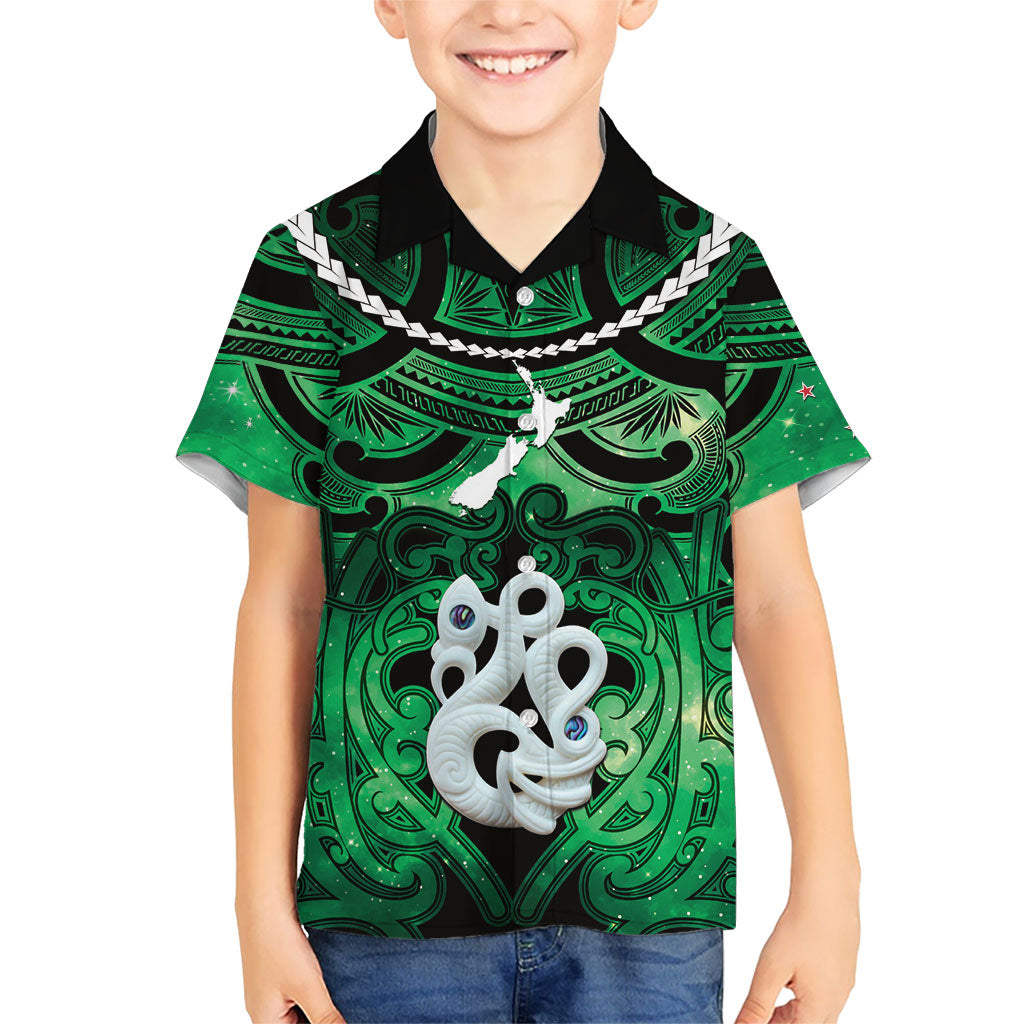 Personalised Maori Matariki Manaia Kakariki Kid Hawaiian Shirt Maori Kowhaiwhai Pattern Galaxy