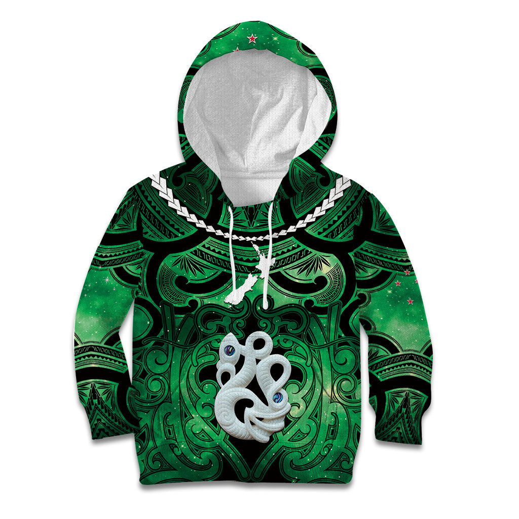 Personalised Maori Matariki Manaia Kakariki Kid Hoodie Maori Kowhaiwhai Pattern Galaxy LT01 Hoodie Green - Polynesian Pride