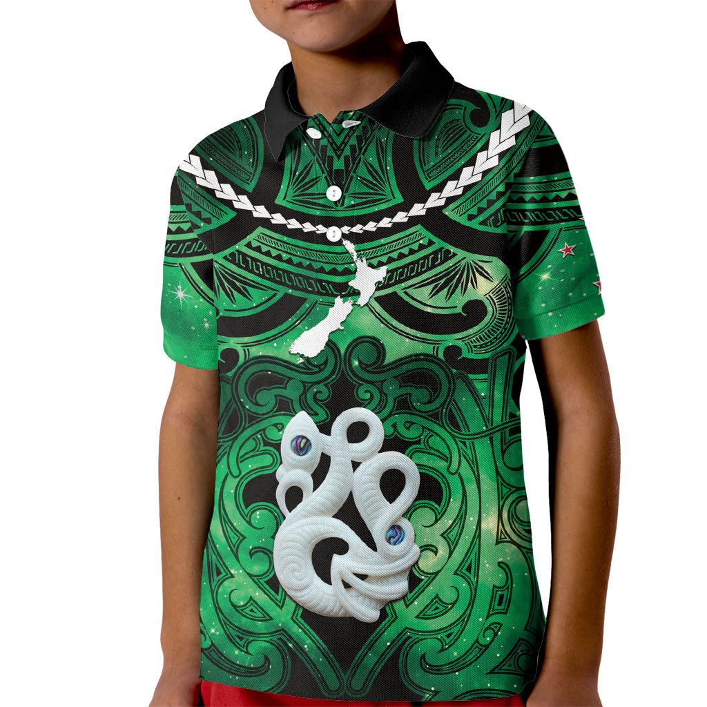 Personalised Maori Matariki Manaia Kakariki Kid Polo Shirt Maori Kowhaiwhai Pattern Galaxy LT01 Kid Green - Polynesian Pride