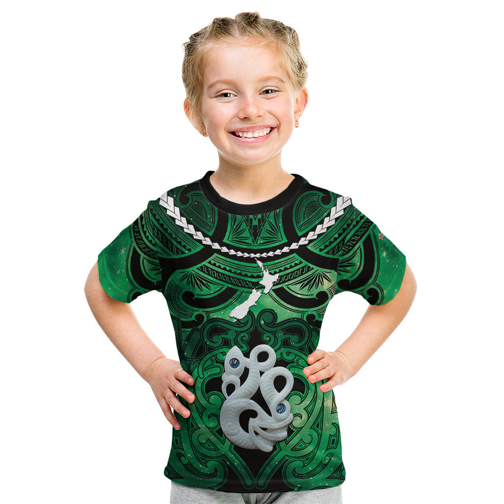 Personalised Maori Matariki Manaia Kakariki Kid T Shirt Maori Kowhaiwhai Pattern Galaxy LT01 Green - Polynesian Pride