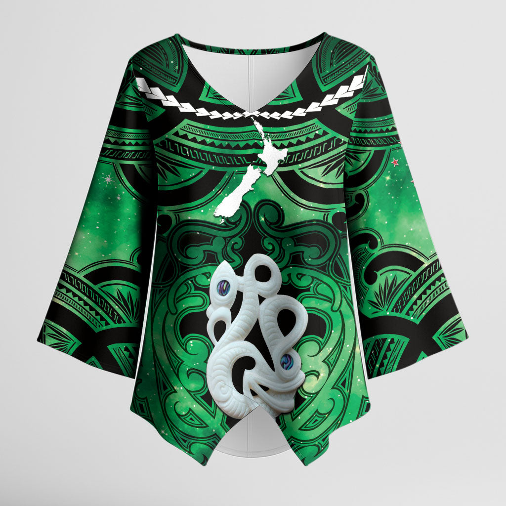 Personalised Maori Matariki Manaia Kakariki Kimono Sleeve Blouse Maori Kowhaiwhai Pattern Galaxy LT01 Female Green - Polynesian Pride