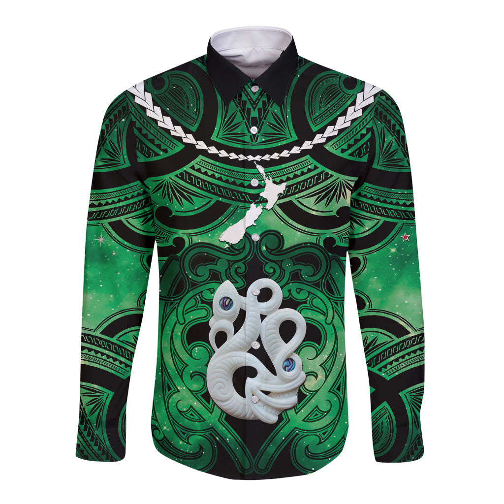 Personalised Maori Matariki Manaia Kakariki Long Sleeve Button Shirt Maori Kowhaiwhai Pattern Galaxy LT01 Unisex Green - Polynesian Pride