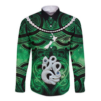 Personalised Maori Matariki Manaia Kakariki Long Sleeve Button Shirt Maori Kowhaiwhai Pattern Galaxy LT01 Unisex Green - Polynesian Pride