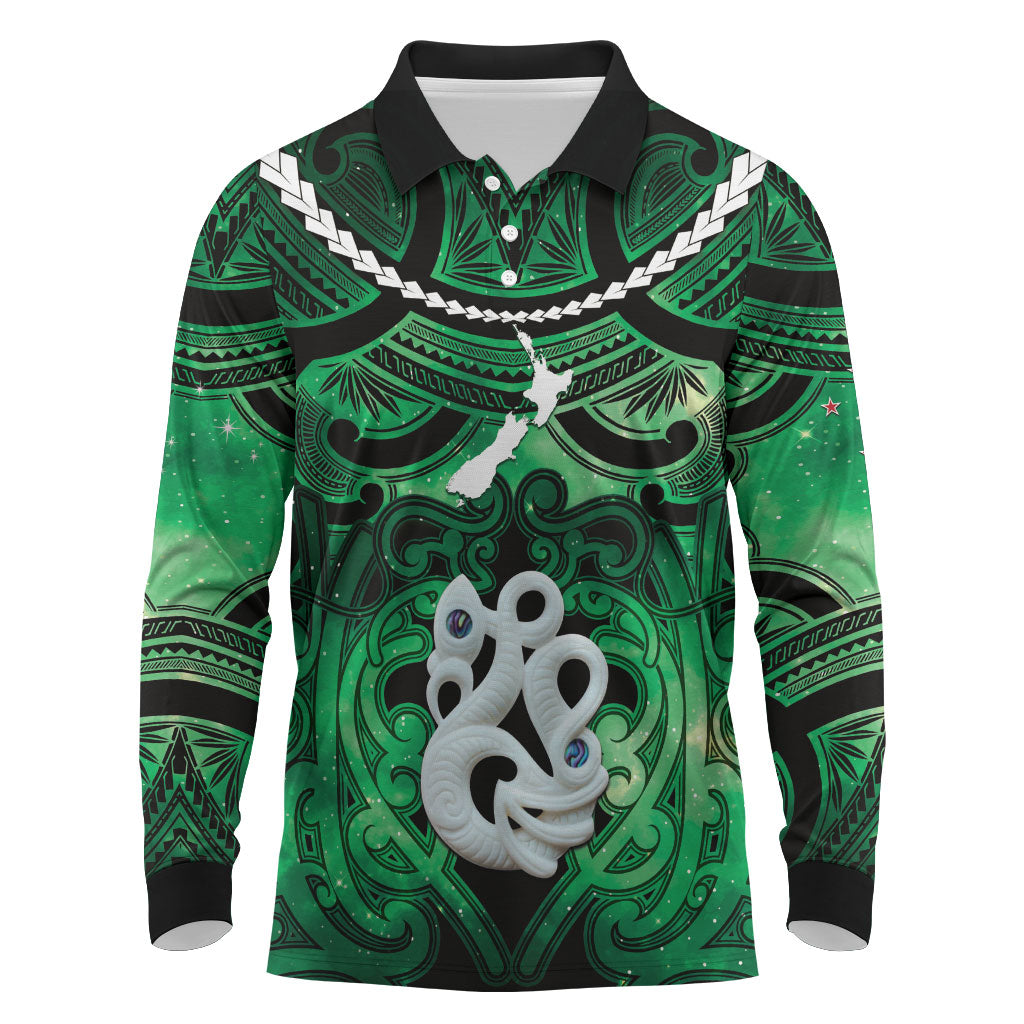 Personalised Maori Matariki Manaia Kakariki Long Sleeve Polo Shirt Maori Kowhaiwhai Pattern Galaxy LT01 Green - Polynesian Pride