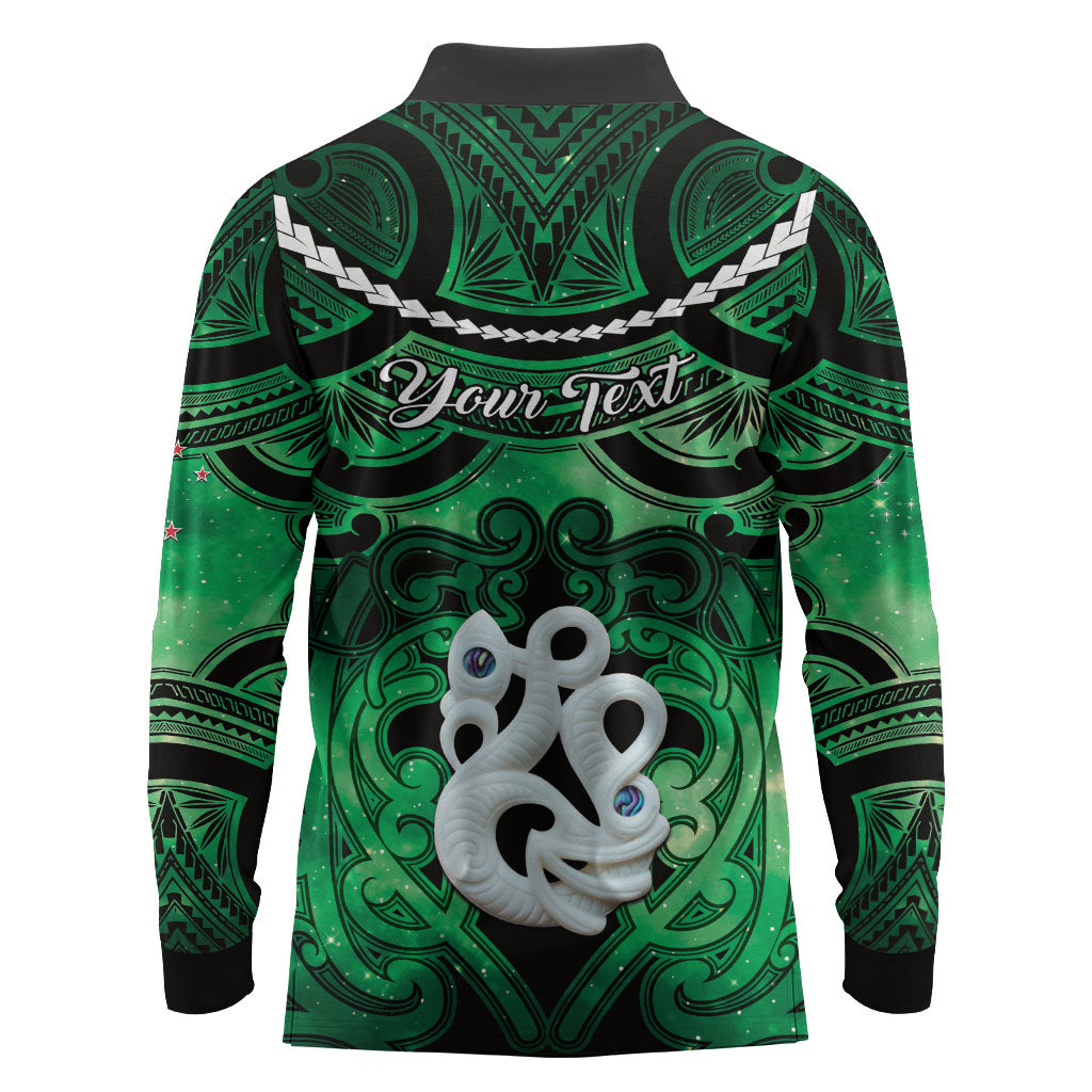 Personalised Maori Matariki Manaia Kakariki Long Sleeve Polo Shirt Maori Kowhaiwhai Pattern Galaxy LT01 - Polynesian Pride