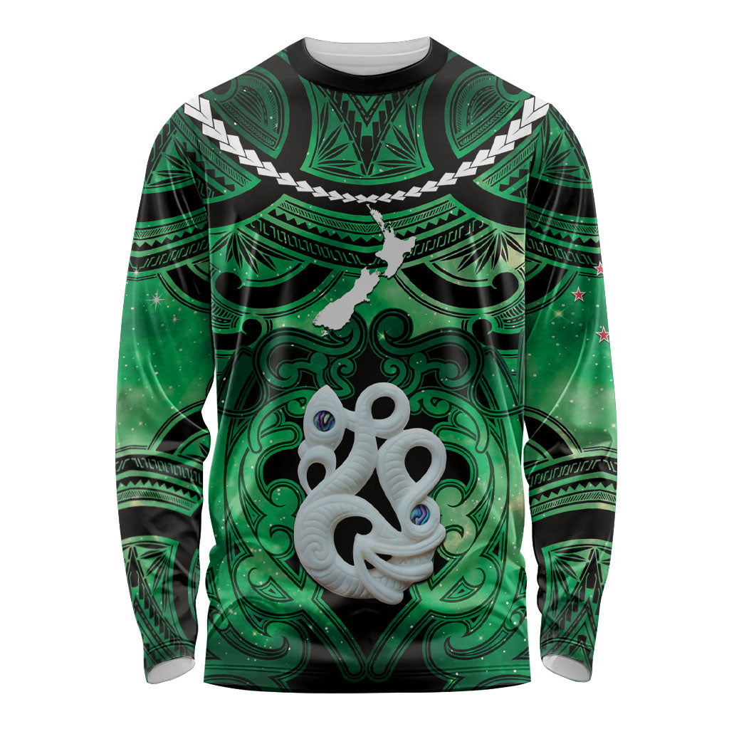 Personalised Maori Matariki Manaia Kakariki Long Sleeve Shirt Maori Kowhaiwhai Pattern Galaxy LT01 Unisex Green - Polynesian Pride