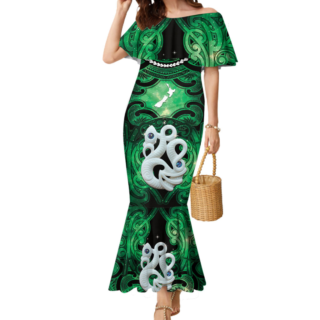 Personalised Maori Matariki Manaia Kakariki Mermaid Dress Maori Kowhaiwhai Pattern Galaxy LT01 Women Green - Polynesian Pride