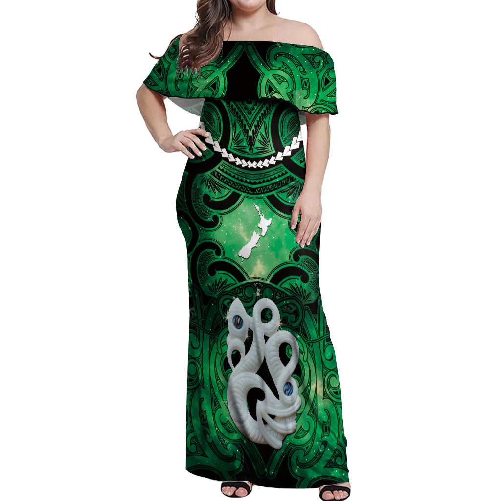 Personalised Maori Matariki Manaia Kakariki Off Shoulder Maxi Dress Maori Kowhaiwhai Pattern Galaxy LT01 Women Green - Polynesian Pride