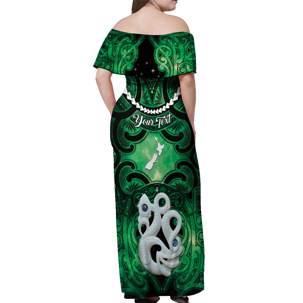 Personalised Maori Matariki Manaia Kakariki Off Shoulder Maxi Dress Maori Kowhaiwhai Pattern Galaxy LT01 - Polynesian Pride