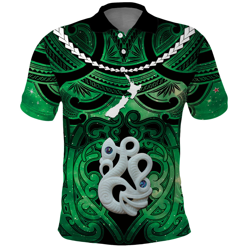 Personalised Maori Matariki Manaia Kakariki Polo Shirt Maori Kowhaiwhai Pattern Galaxy LT01 Green - Polynesian Pride