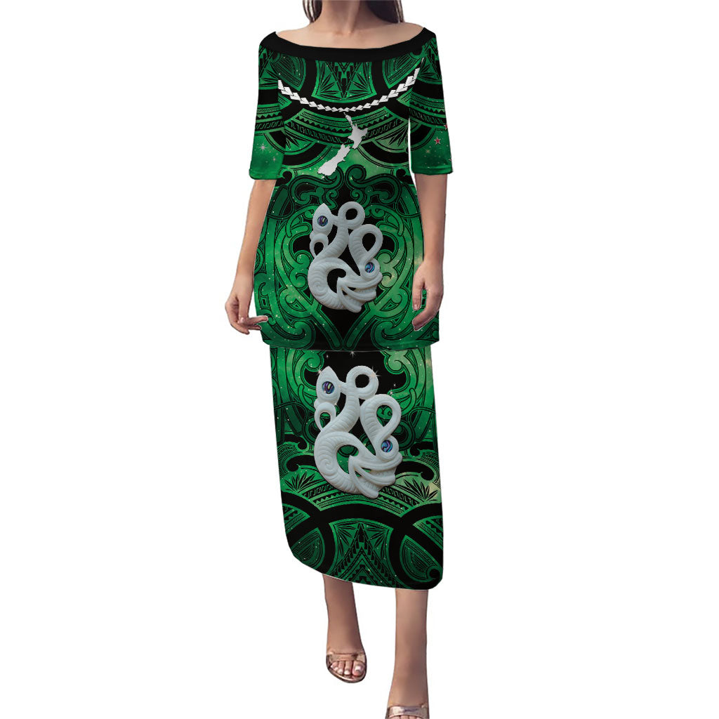 Personalised Maori Matariki Manaia Kakariki Puletasi Maori Kowhaiwhai Pattern Galaxy LT01 Long Dress Green - Polynesian Pride
