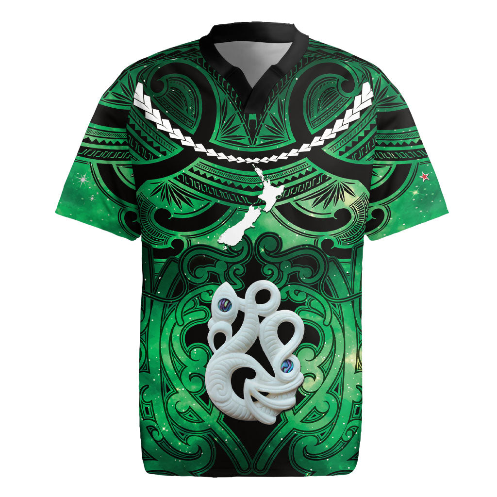 Personalised Maori Matariki Manaia Kakariki Rugby Jersey Maori Kowhaiwhai Pattern Galaxy LT01 Green - Polynesian Pride