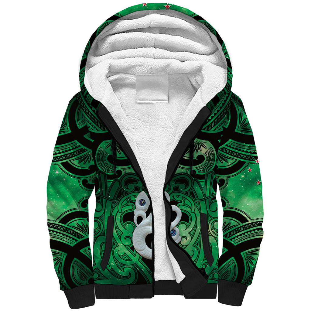 Personalised Maori Matariki Manaia Kakariki Sherpa Hoodie Maori Kowhaiwhai Pattern Galaxy LT01 Unisex Green - Polynesian Pride
