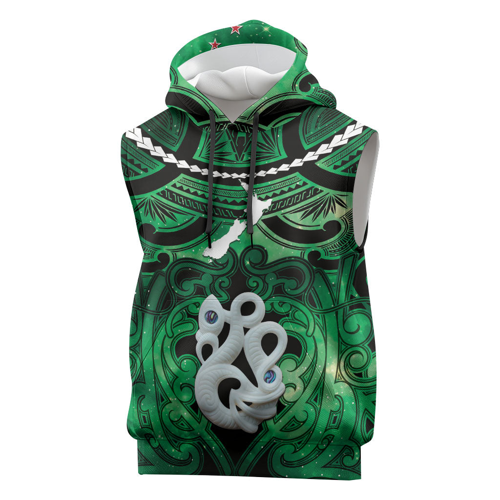 Personalised Maori Matariki Manaia Kakariki Sleeveless Hoodie Maori Kowhaiwhai Pattern Galaxy LT01 Green - Polynesian Pride