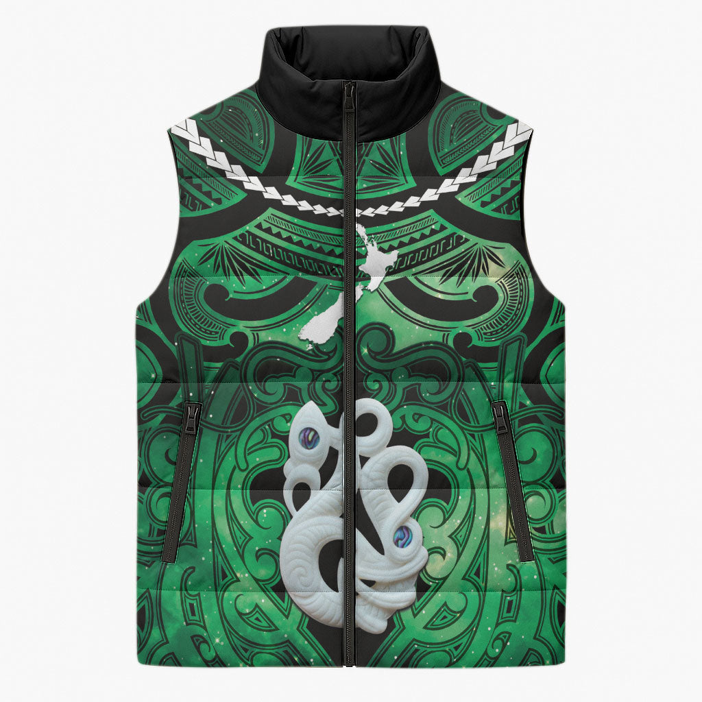 Personalised Maori Matariki Manaia Kakariki Sleeveless Puffer Jacket Maori Kowhaiwhai Pattern Galaxy LT01 Unisex Green - Polynesian Pride